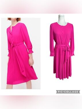 J. Crew Hot Pink Pleated MIDI Long-Sleeve Tie-Waist Chiffon Dress Size 4